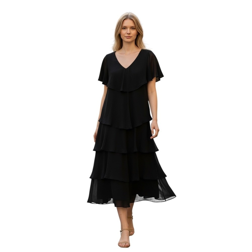 Patra Black Tiered‎ Chiffon Midi Dress Flutter Sleeve V-Neck Formal Size 16